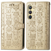 For Samsung Galaxy S25+ 5G Cat and Dog Embossed Leather Phone Case(Gold)
