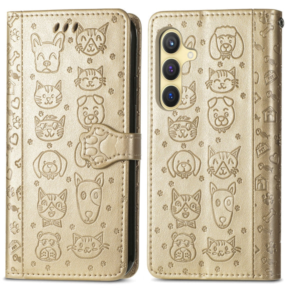 For Samsung Galaxy S25+ 5G Cat and Dog Embossed Leather Phone Case(Gold)