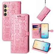 For Samsung Galaxy S25+ 5G Cat and Dog Embossed Leather Phone Case(Pink)