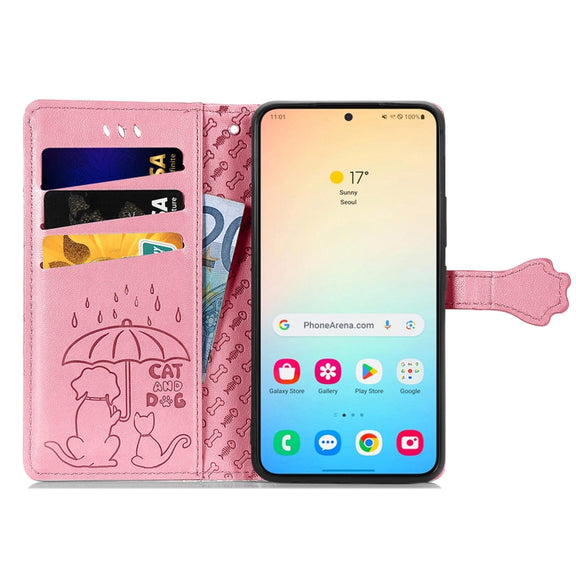 For Samsung Galaxy S25+ 5G Cat and Dog Embossed Leather Phone Case(Pink)