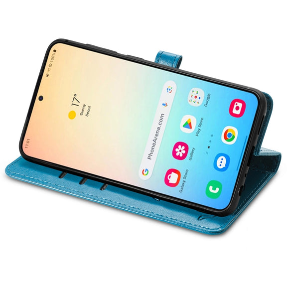 For Samsung Galaxy S25+ 5G Cat and Dog Embossed Leather Phone Case(Blue)
