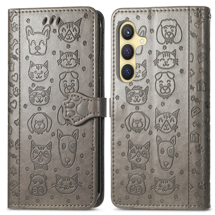 For Samsung Galaxy S25+ 5G Cat and Dog Embossed Leather Phone Case(Gray)