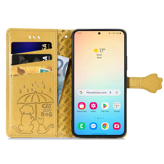 For Samsung Galaxy S25 Ultra 5G Cat and Dog Embossed Leather Phone Case(Yellow)