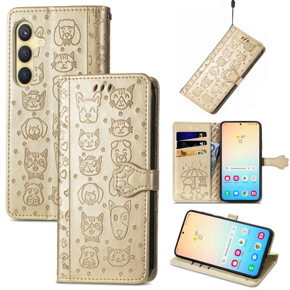 For Samsung Galaxy S25 Ultra 5G Cat and Dog Embossed Leather Phone Case(Gold)