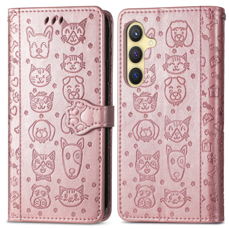 For Samsung Galaxy S25 Ultra 5G Cat and Dog Embossed Leather Phone Case(Rose Gold)