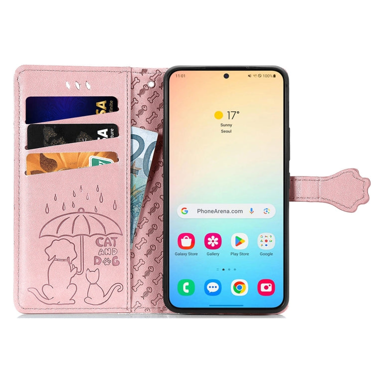 For Samsung Galaxy S25 Ultra 5G Cat and Dog Embossed Leather Phone Case(Rose Gold)