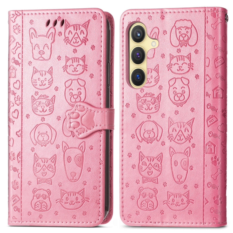 For Samsung Galaxy S25 Ultra 5G Cat and Dog Embossed Leather Phone Case(Pink)