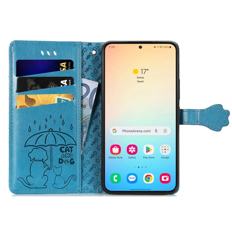 For Samsung Galaxy S25 Ultra 5G Cat and Dog Embossed Leather Phone Case(Blue)