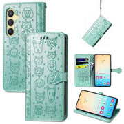 For Samsung Galaxy S25 Ultra 5G Cat and Dog Embossed Leather Phone Case(Green)