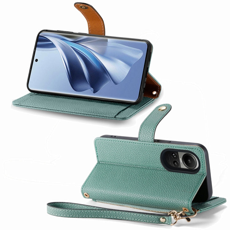 For OPPO Reno10 / 10 Pro Global Love Zipper Lanyard Leather Phone Case(Green) - OPPO Cases by PMC TechLife | Online Shopping South Africa | PMC TechLife | Buy Now Pay Later Mobicred