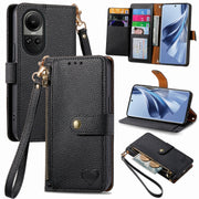 For OPPO Reno10 / 10 Pro Global Love Zipper Lanyard Leather Phone Case(Black)
