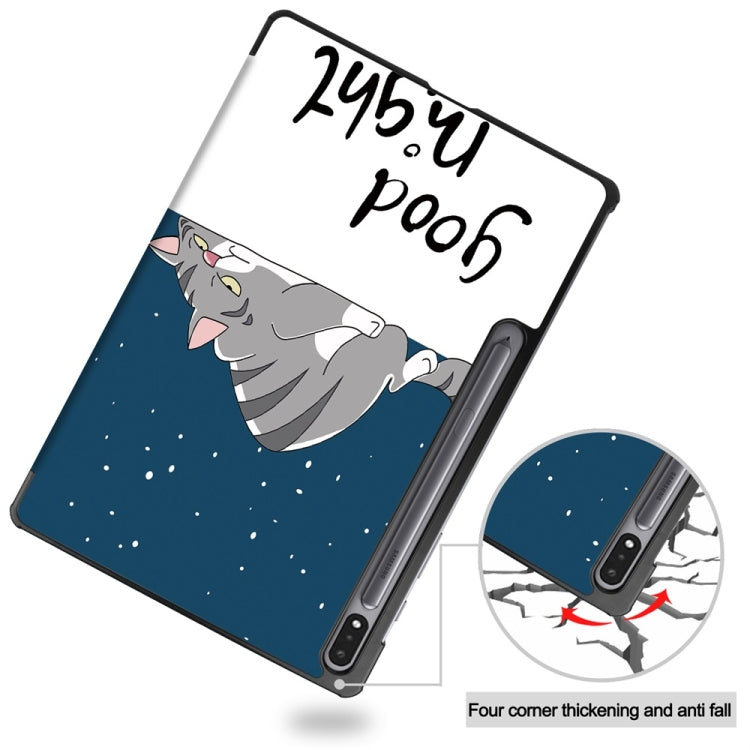 For Samsung Galaxy Tab S9+ JUNSUNMAY Custer Painted 3-Fold Stand Leather Smart Tablet Case(Lazy Cat)