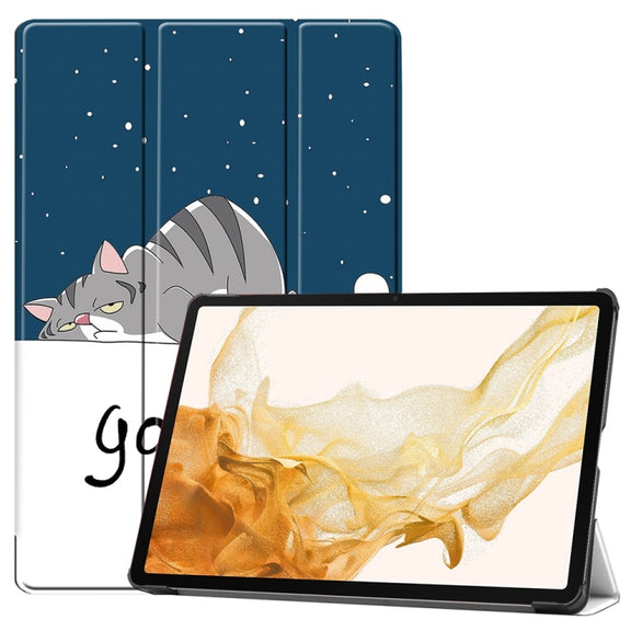 For Samsung Galaxy Tab S9+ JUNSUNMAY Custer Painted 3-Fold Stand Leather Smart Tablet Case(Lazy Cat)