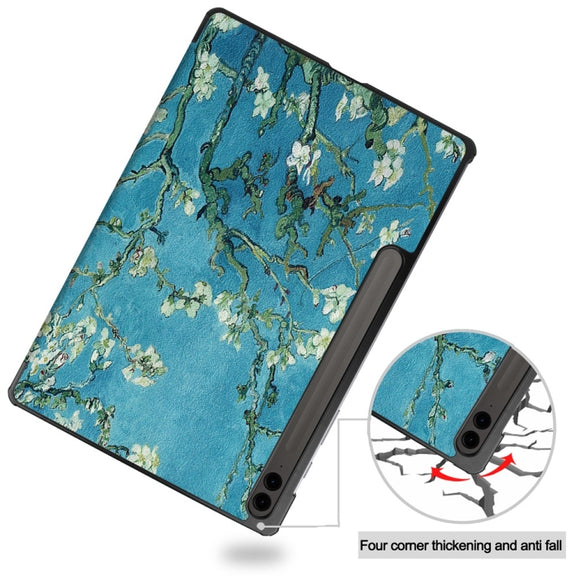 For Samsung Galaxy Tab S9 FE+ 12.4 JUNSUNMAY Custer Painted 3-Fold Stand Leather Smart Tablet Case(Apricot Flower)