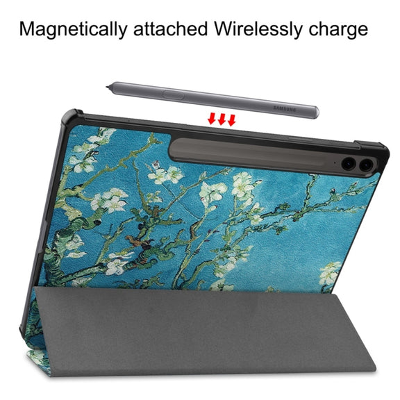 For Samsung Galaxy Tab S9 FE+ 12.4 JUNSUNMAY Custer Painted 3-Fold Stand Leather Smart Tablet Case(Apricot Flower)