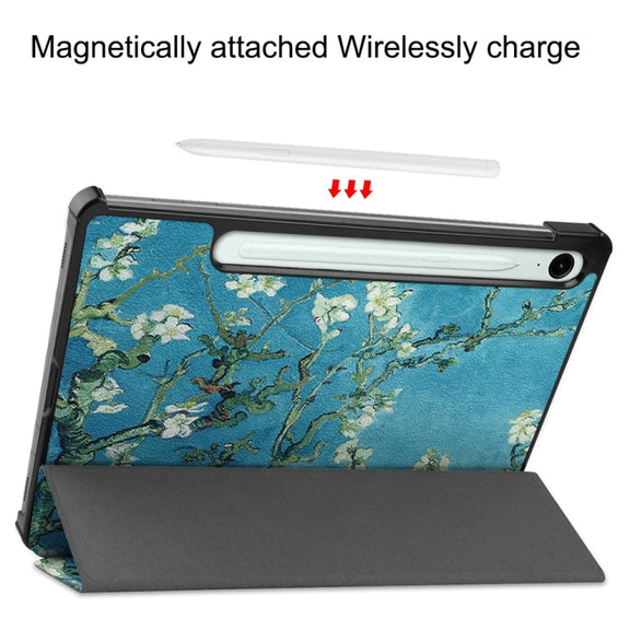 For Samsung Galaxy Tab S9 FE 10.9 JUNSUNMAY Custer Painted 3-Fold Stand Leather Smart Tablet Case(Apricot Flower)