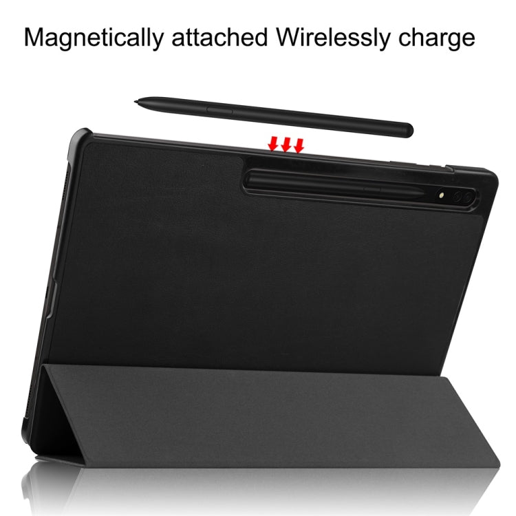 For Samsung Galaxy Tab S9 Ultra JUNSUNMAY Custer Solid Color 3-Fold Stand Leather Smart Tablet Case(Black)