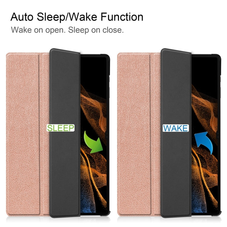 For Samsung Galaxy Tab S9 Ultra JUNSUNMAY Custer Solid Color 3-Fold Stand Leather Smart Tablet Case(Rose Gold)
