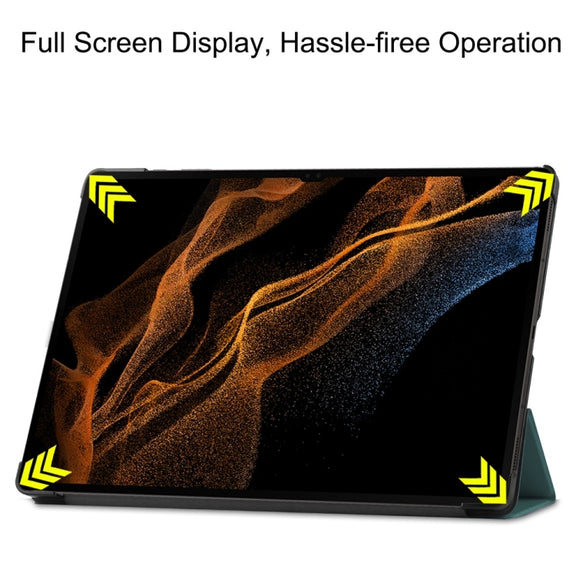 For Samsung Galaxy Tab S9 Ultra JUNSUNMAY Custer Solid Color 3-Fold Stand Leather Smart Tablet Case(Dark Green)