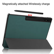 For Samsung Galaxy Tab S9 Ultra JUNSUNMAY Custer Solid Color 3-Fold Stand Leather Smart Tablet Case(Dark Green)
