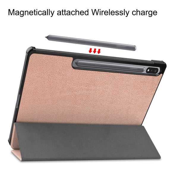 For Samsung Galaxy Tab S9+ JUNSUNMAY Custer Solid Color 3-Fold Stand Leather Smart Tablet Case(Rose Gold)