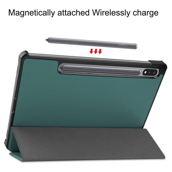 For Samsung Galaxy Tab S9+ JUNSUNMAY Custer Solid Color 3-Fold Stand Leather Smart Tablet Case(Dark Green)