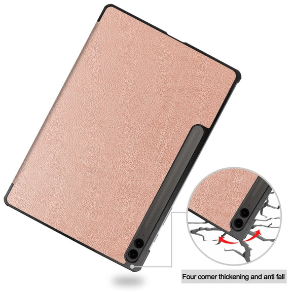 For Samsung Galaxy Tab S9 FE+ 12.4 JUNSUNMAY Custer Solid Color 3-Fold Stand Leather Smart Tablet Case(Rose Gold)