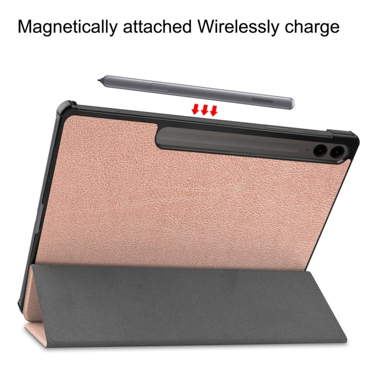 For Samsung Galaxy Tab S9 FE+ 12.4 JUNSUNMAY Custer Solid Color 3-Fold Stand Leather Smart Tablet Case(Rose Gold)