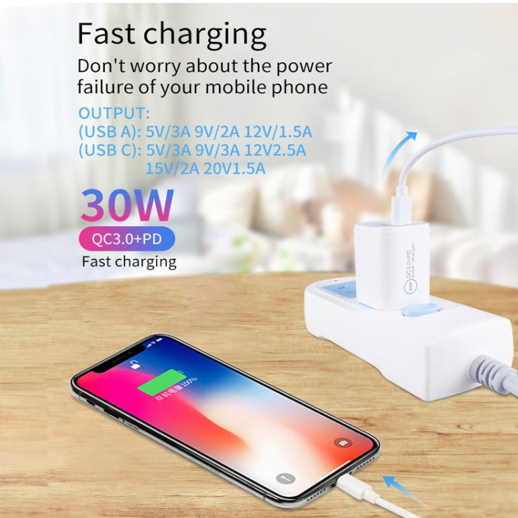 PD30W USB-C / Type-C + QC3.0 USB Dual Port Charger with 1m Type-C to 8 Pin Data Cable, US Plug