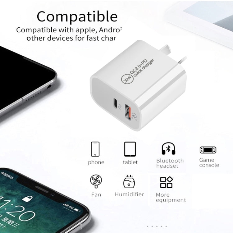 PD30W USB-C / Type-C + QC3.0 USB Dual Port Charger with 1m Type-C to 8 Pin Data Cable, AU Plug