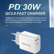 PD30W USB-C / Type-C + QC3.0 USB Dual Port Charger with 1m Type-C to 8 Pin Data Cable, EU Plug