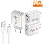 PD30W USB-C / Type-C + QC3.0 USB Dual Port Charger with 1m USB to 8 Pin Data Cable, US Plug