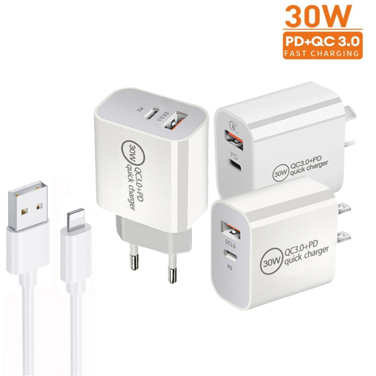 PD30W USB-C / Type-C + QC3.0 USB Dual Port Charger with 1m USB to 8 Pin Data Cable, EU Plug