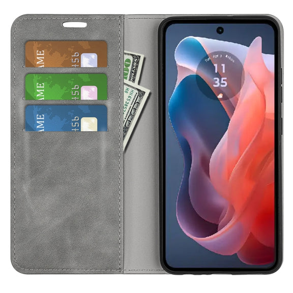 For Motorola Moto G Play 2024 Retro-skin Magnetic Suction Leather Phone Case(Grey)