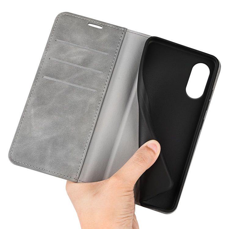 For Motorola Moto G Play 2024 Retro-skin Magnetic Suction Leather Phone Case(Grey)
