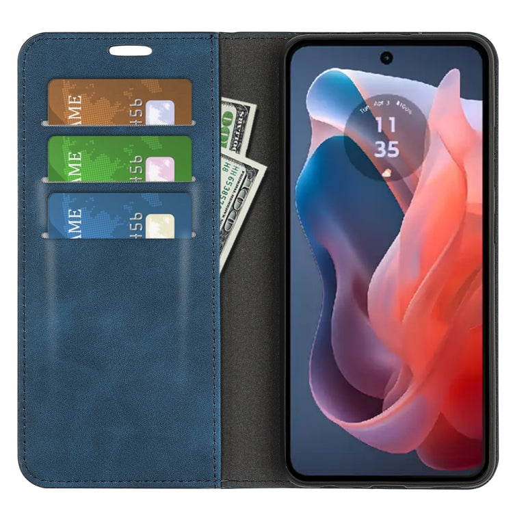 For Motorola Moto G Play 2024 Retro-skin Magnetic Suction Leather Phone Case(Dark Blue)