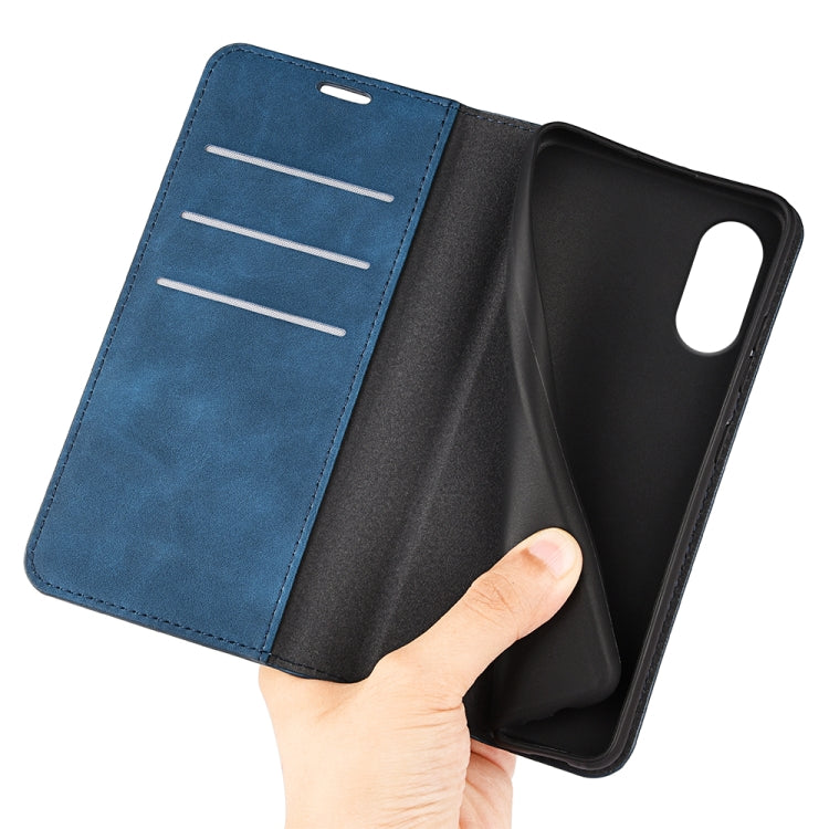 For Motorola Moto G Play 2024 Retro-skin Magnetic Suction Leather Phone Case(Dark Blue)