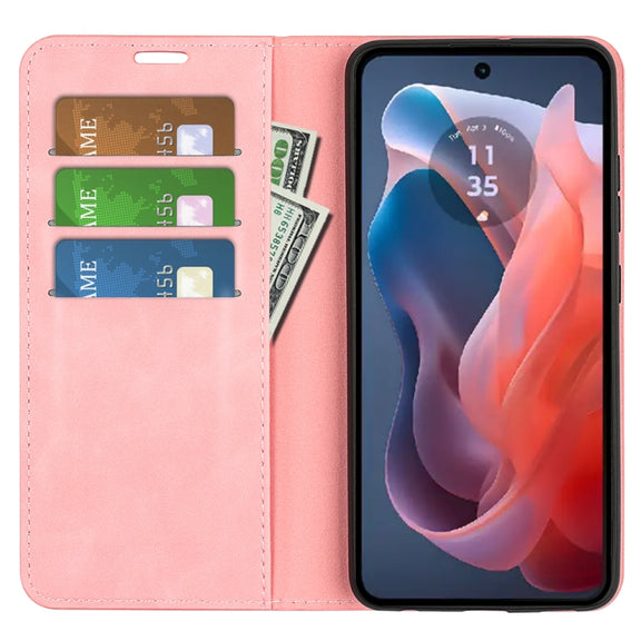 For Motorola Moto G Play 2024 Retro-skin Magnetic Suction Leather Phone Case(Pink)