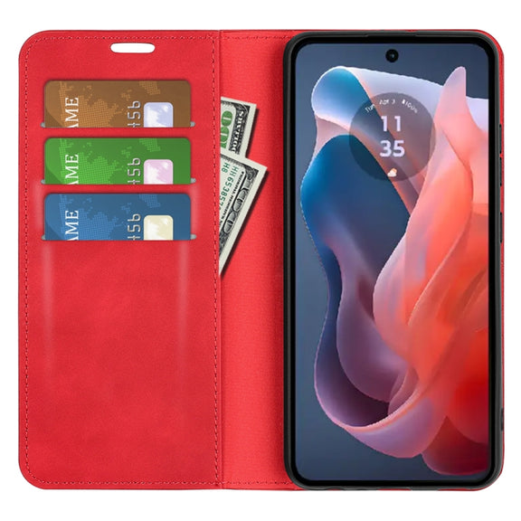 For Motorola Moto G Play 2024 Retro-skin Magnetic Suction Leather Phone Case(Red)