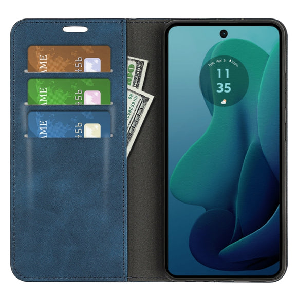 For Motorola Moto G 5G 2024 Retro-skin Magnetic Suction Leather Phone Case(Dark Blue)
