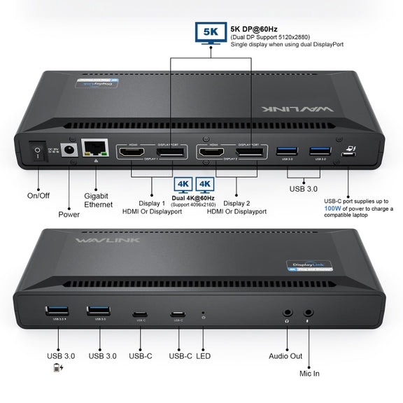 Wavlink UG69PD2 Dual 4K Fast Charging Integrated Docking Station, Plug:EU Plug