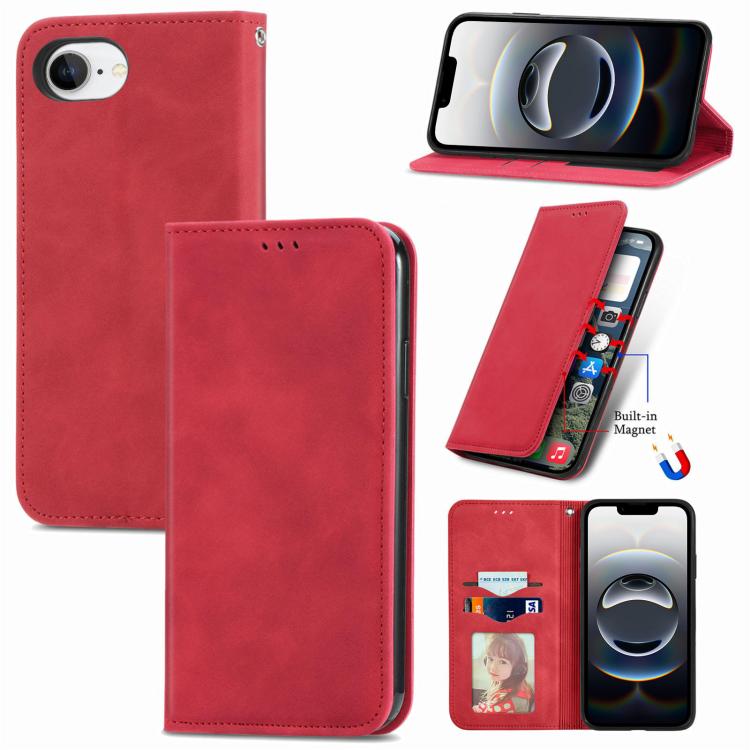 For iPhone 16e Retro Skin Feel Magnetic Flip Leather Phone Case(Red) - iPhone 16e Cases by PMC TechLife | Online Shopping South Africa | PMC TechLife | Buy Now Pay Later Mobicred