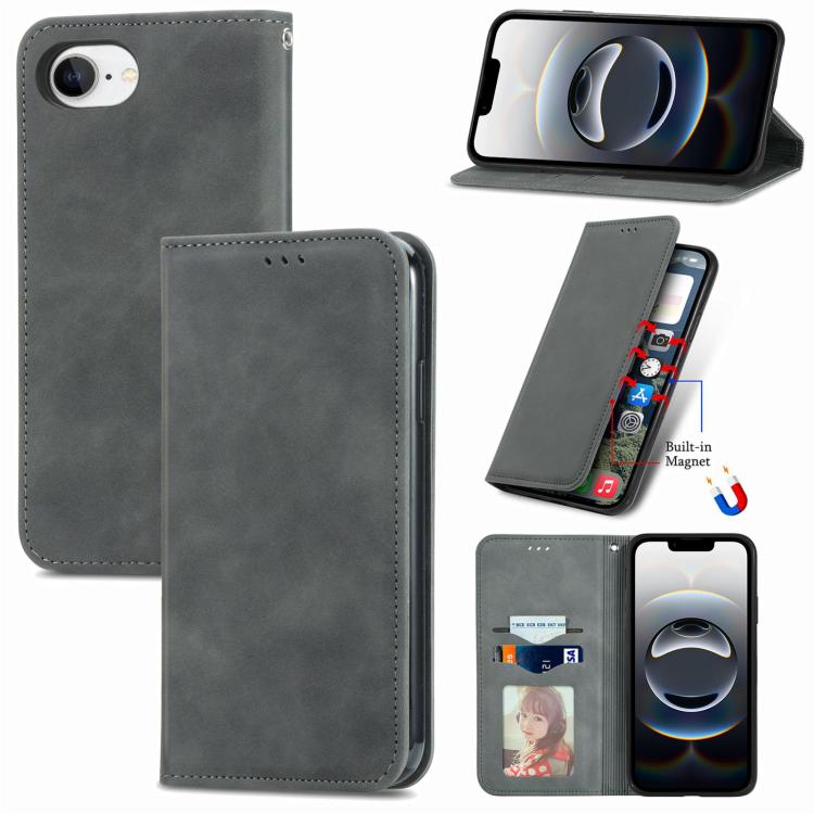 For iPhone 16e Retro Skin Feel Magnetic Flip Leather Phone Case(Gray) - iPhone 16e Cases by PMC TechLife | Online Shopping South Africa | PMC TechLife | Buy Now Pay Later Mobicred