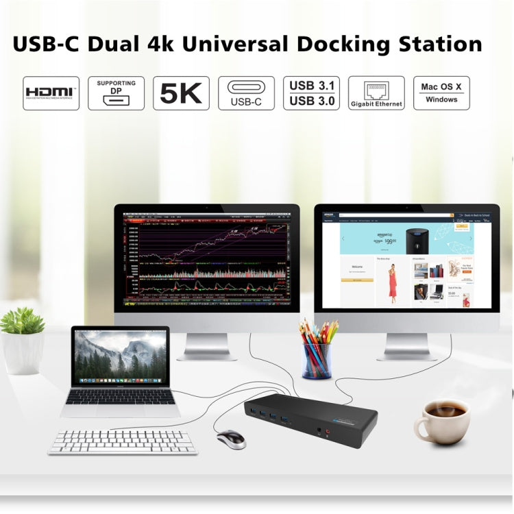 Wavlink UG69DK1 5K Type-C Dual Display USB 3.0 Video Gigabit Ethernet HDMI Docking Station, Plug:US Plug - free shipping - PMC TechLife - Order now!