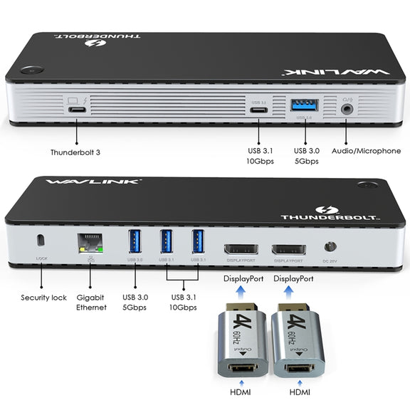 Wavlink UTD21H 60W Host Charging Thunderbolt 3 Docking Station 4K Dual Display 11 in 1 Ports, Plug:US Plug