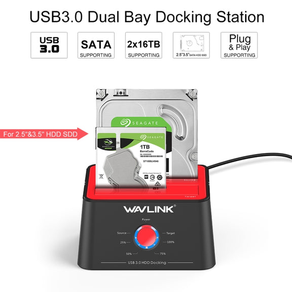 Wavlink ST334U SSD Dual Bay External Hard Drive Docking Station USB 3.0 to SATA I/II/III(AU Plug)