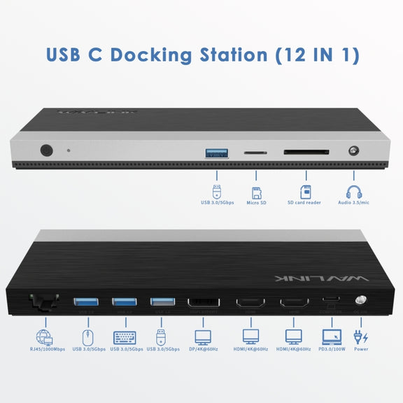 Wavlink UMD05 Display Port HDMI Port RJ45 Ethernet Triple Display MST Laptop Docking Station, Plug:US Plug