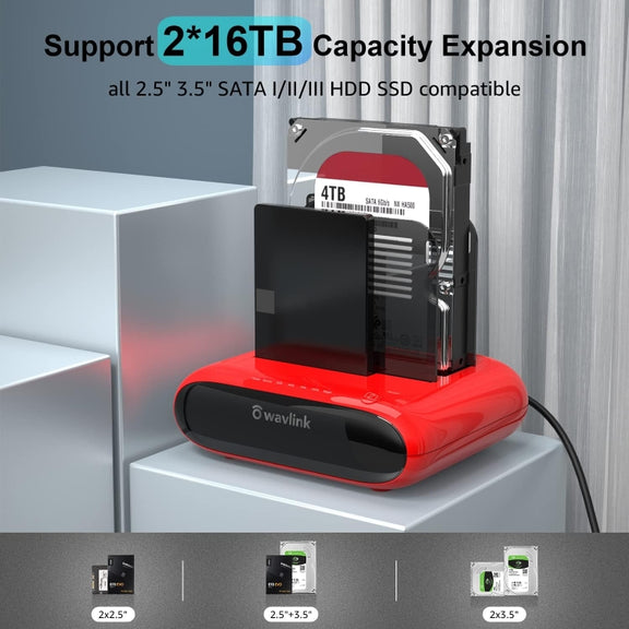 Wavlink ST341U Dual Bay External Hard Drive Docking Station Support Offline Clone Function(US Plug)