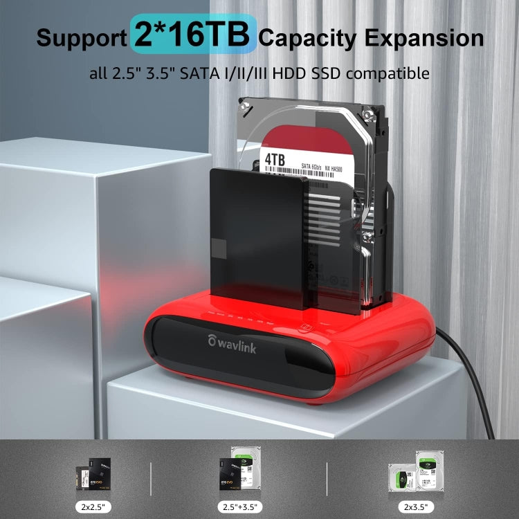 Wavlink ST341U Dual Bay External Hard Drive Docking Station Support Offline Clone Function(US Plug)
