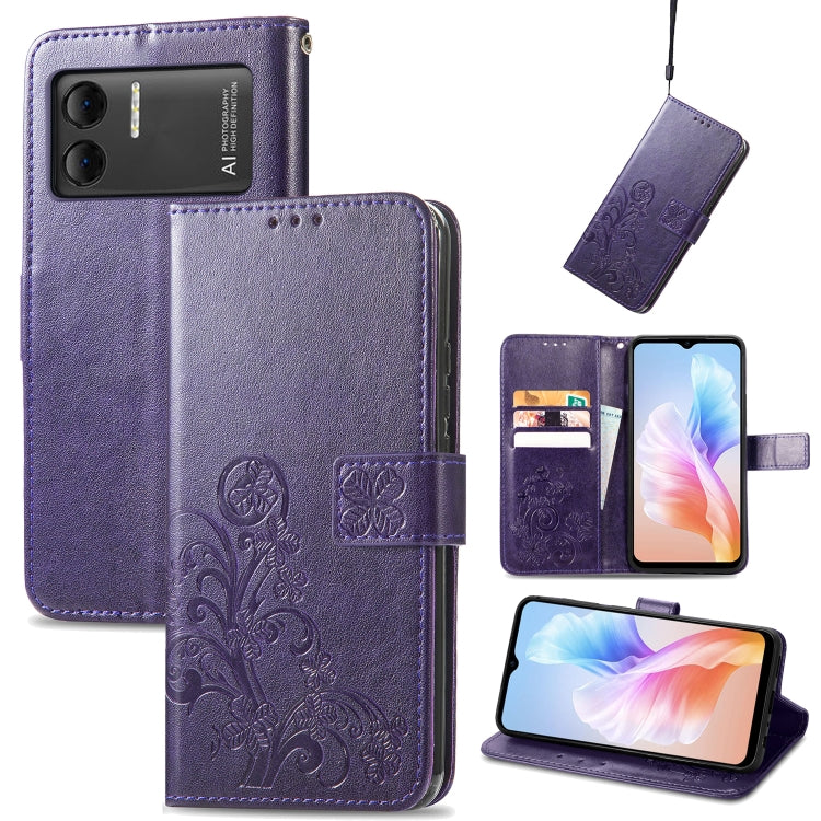 For DOOGEE X98 Pro / X98 Four-leaf Clasp Embossed Buckle Leather Phone Case(Purple) - Doogee Cases by PMC TechLife | Online Shopping South Africa | PMC TechLife | Buy Now Pay Later Mobicred